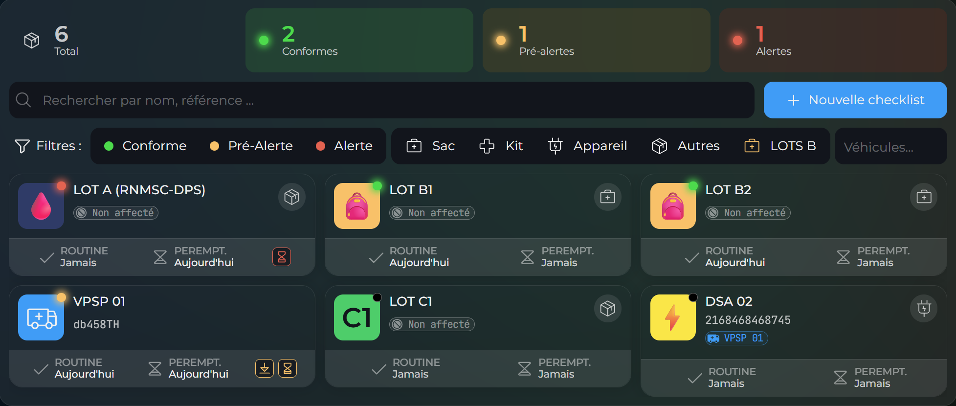 écran de gestion du matériel