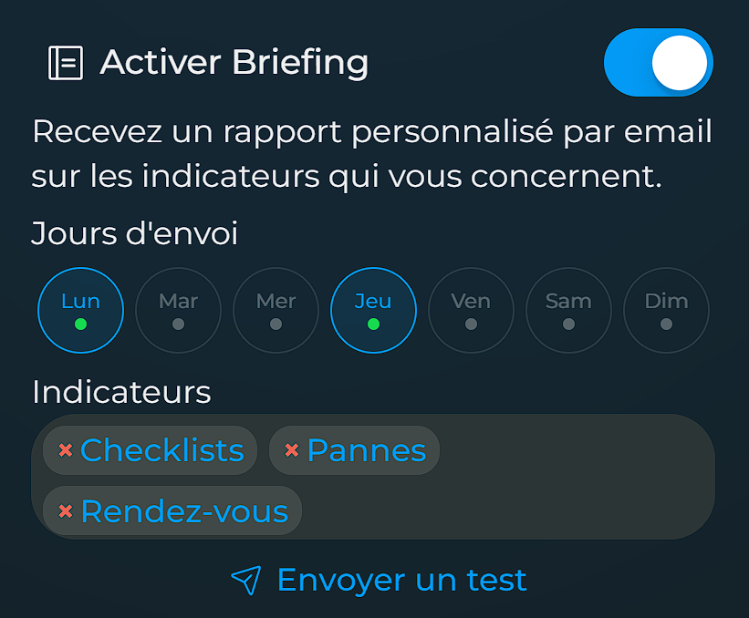 Interface du choix des jours d'envoi de l'email